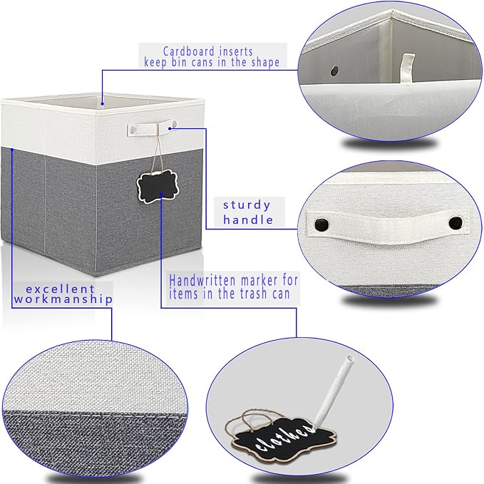 13x15x13 storage cube bins 4 Pack,Collapsible Fabric Storage Cubes with Labels,Linen Cube Storage Organizer Bins with Cotton Handles,Square Storage Cubes for Home,Office,Clothes,Cabinet(White Grey).