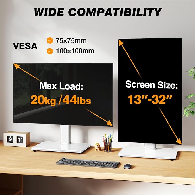 TAVR Furniture Single Monitor Stand VESA Mount for 13-32 Inch Screens | Free-Standing Monitor Riser with Swivel Tilt Rotation Height Adjustable, Universal Desk Stand up to 44lbs, White