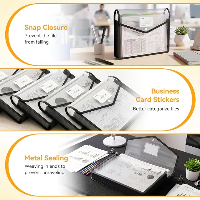 2 Pack Plastic Expanding File Folder, Black File Folder Organizer | Folders for Documents with Snap Closure, Transparent Accordion File Pouch, No Dividers, Large Capacity, Fit Letter/A4 Size