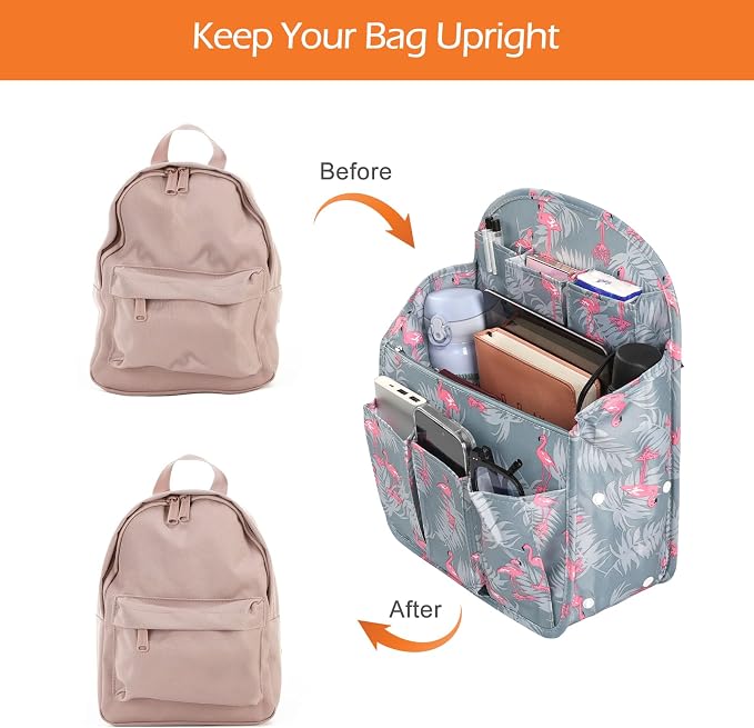 Surblue Backpack Organizer Insert Liner Hanging Travel Rucksack Purse and Handbag Insert Pocket, High-capacity Divider Foldable Nylon Shoulder Bag Organizer for Men and Women, (Flamingo, L)