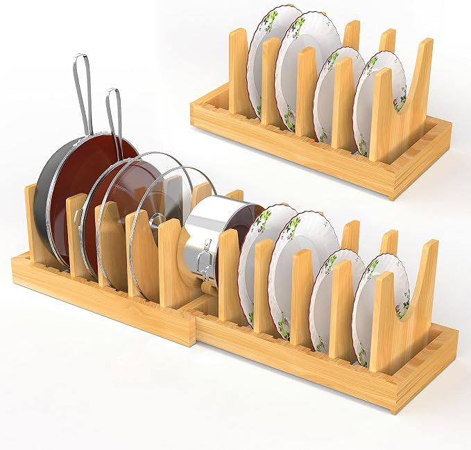 Bamboo Pot and Pan Organizer, Expandable Pot Lid Cutting Board Organizer | Pot and Lid Organizers Inside Cabinet, Adjustable Cutting Board Holder With Non-Slip Base for Kitchen Storage