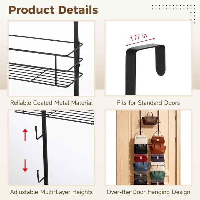 Over The Door Purse Organizer, Wall Mounted Purse Handbag Organizer – 16 Hooks & Metal Basket, Adjustable Multi-Layer Design, Space-Saving & No-Damage Hanging Storage Rack