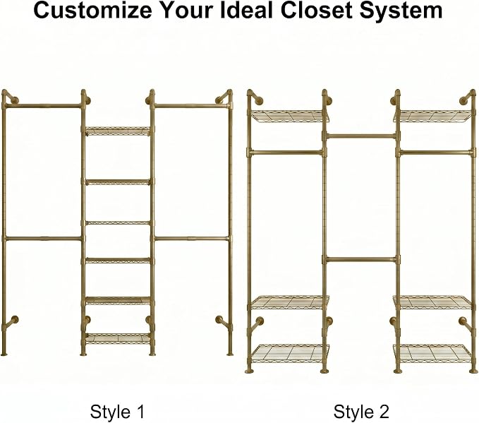 F3 Wall Mounted Closet System, Industrial Pipe Clothing Rack for Hanging Clothes, Heavy Duty Closet Organizer System, Clothes Racks with Shelves & Expandable Rod for Wardrobe, Corner, Gold