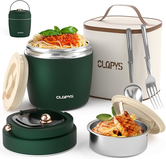 40oz Stainless Steel Vacuum Insulated Food Jar for Adults Wide Mouth Lunch Container with Spoon Fork and Carrying Bag Leak-Proof Soup Thermo Bento Box for Hot Food and Cold Food | Office, Travel Green