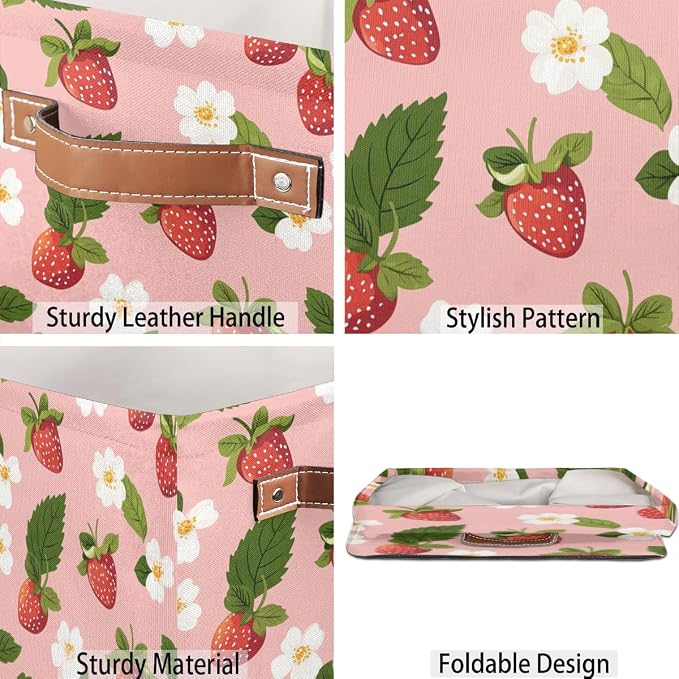 TropicalLife Floral Strawberry Storage Cube, 13 Inch Fabric Cube Storage Organizer Bin for Shelves Clothes, Decorative Foldable Storage Boxes
