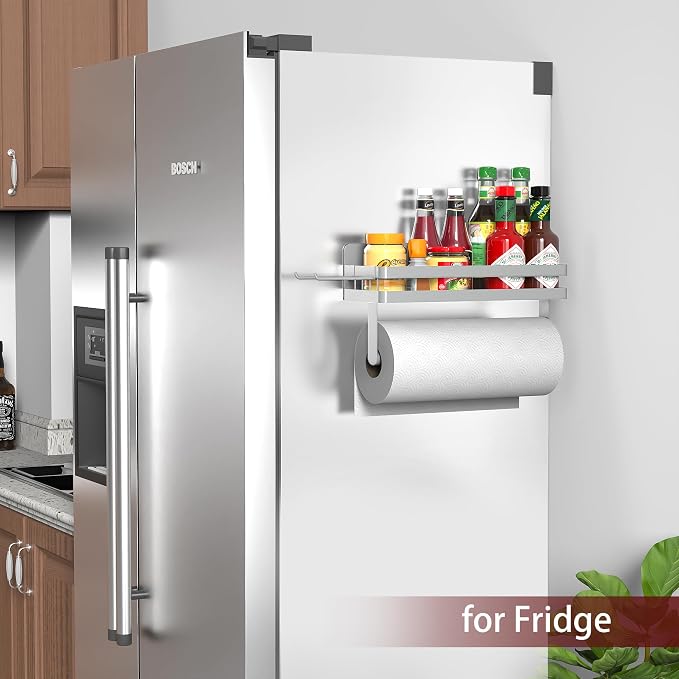 ZUNTO Strong Magnetic Paper Towel Holder for Fridge, Multifunctional Spice Rack Organizer with 2 Detachable Hooks, No Drilling Kitchen Storage for RV & Bathroom, Light Gray