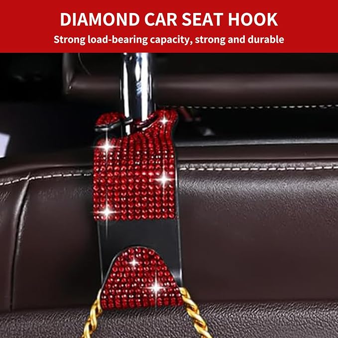 4PCS Bling Car Seat Headrest Hooks, Vehicle Back Seat Purse Handbag Hanging Holder with Crystal Rhinestone, Diamond Storage Organizer Hook,Bling Car Accessories for Women (Red)