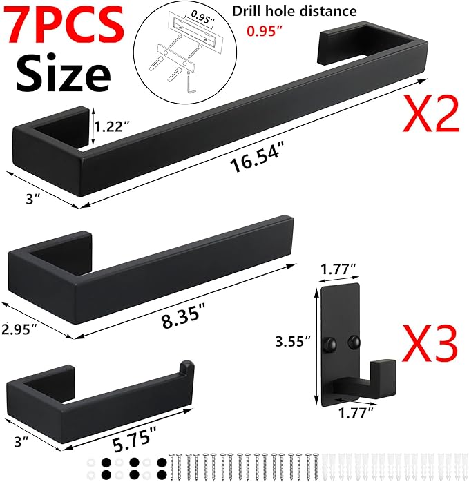 TocTen 7 Pcs Bathroom Hardware Set, Thicken Stainless Steel Towel Bar Set-Includes 2Bath Towel Racks+Towel Holder+Toilet Paper Holder+3 Robe Towel Hooks, Wall Mounted Bathroom Accessories Kit(Black)