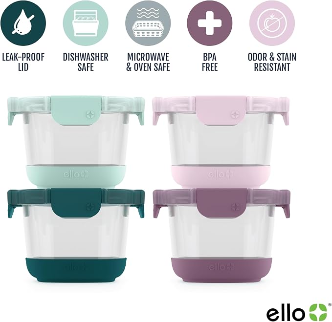 Ello Duraglass Refresh 2 Cup Glass Storage Containers, 4 Pack, Garden Goals | Glass meal prep container set with silicone boots, airtight leakproof BPA-free lids, microwave, freezer & dishwasher safe