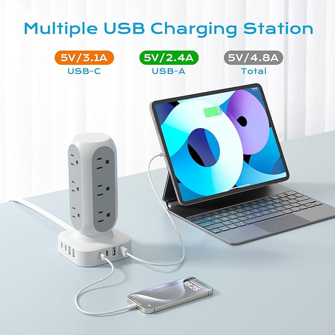 2 Prong Tower Power Strip, 2 to 3 Prong Outlet Adapter with 12 AC Outlets, 8 USB Ports, 10 FT Long Extension Cord for Non-Grounded Outlet, Home, Office, Dorm Room Use