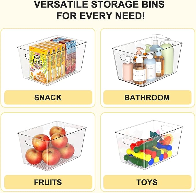 4 Pack Clear Plastic Storage Bins, Pantry Organization and Storage Bins for Kitchen-Fridge Organizer, Pantry Storage Containers, Cabinet Organizers