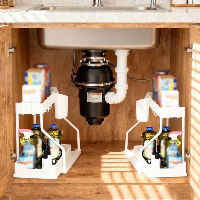 Under Sink Organizers and Storage, 2-Tier Sliding Cabinet Basket Organizer with Hooks, Multi-Purpose Under Sink Organizers and Storage for Bathroom Kitchen (Black, 2 PCS)