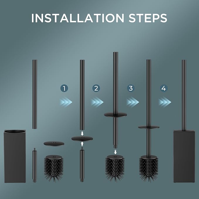 FORIOUS Toilet Brush and Holder Set, Heavy Duty 304 Stainless Steel Base Square and Long Handle for Bathroom Deep Cleaning, Drip-Proof, Space Saving for Storage, 2 Toilet Bowl Brush Head, Black