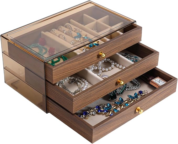 CLUQMEIK 3 Layer Acrylic Case Wooden Drawer Jewelry Organizer with Velvet Lining, Jewelry Box for Women and Girls to Store Rings Earrings Bracelets Necklaces(B)