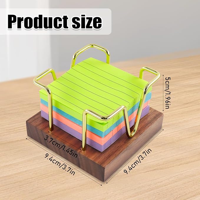 Buqoo Walnut Wood and Gold Metal Sticky Note Holder | Walnut Wood and Gold Metal Wire Self Stick Note Pad Holder Dispenser for School Home Office Desk Accessories Supplies