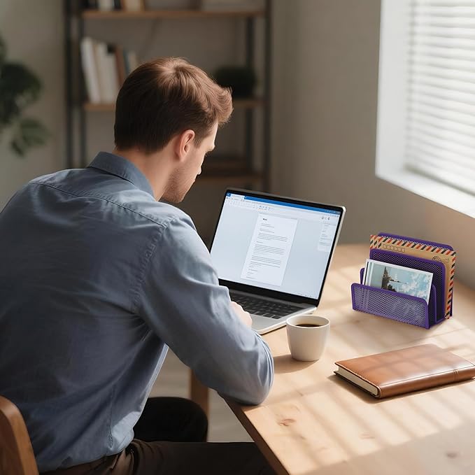 EASEPRES Desk Mail Organizer, Office Small Desktop Metal Mesh Envelope Letter Sorter Paper File Holder Organizer with 3 Vertical Upright Compartments, Purple 2 Pack