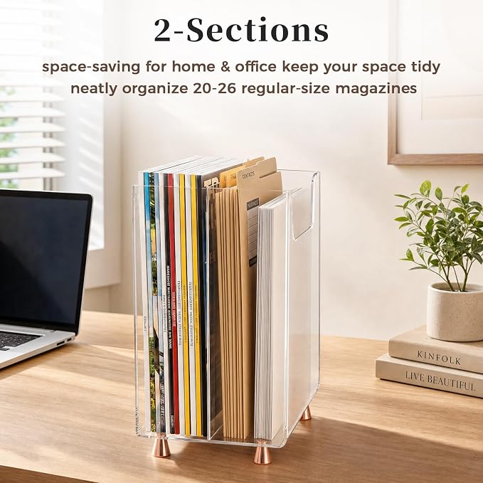[Upgraded Size]Acrylic Magazine Holder, File & Magazine Rack Floor, Crystal Clear Desk Organizer with Gold Feet, Space-Saving Storage for Office Supplies,Home Office,Book,Newspaper,Study,Vinyl Record