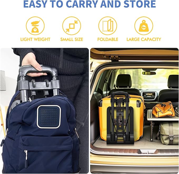 Folding Hand Truck Lightweight Portable Cart,VDHU 2 Wheels Fold Up Hand Cart with Elastic Ropes,Compact Utility Cart with 40kg/90lbs Heavy Duty 2 Wheels for Moving Travel Shopping Office Luggage Use