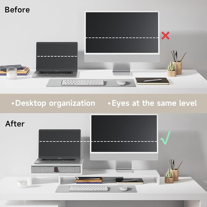Fenge Triple Monitor Stand with Srorage Drawer, Adjustable Length and Angle | Computer Monitor Riser for 2 or 3 Monitors, Wooden Desktop Laptop Stand, Office Organizer for PC, Screen, Tablet, White