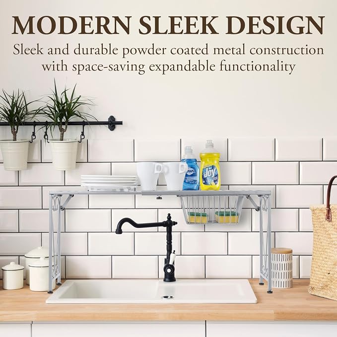 MyGift Silver Metal Over The Sink Organizer Shelf with Pull Out Drawer, Expandable Kitchen Caddy Rack, Bathroom Storage Shelf Riser with Scrollwork Design