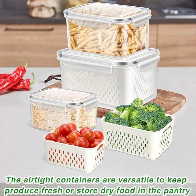 TBMAXS Fruit Storage Containers for Fridge, 10 Pieces Produce Vegetable Saver with Drain Colanders - Refrigerator Organizer for Lettuce Keepers Berry Container