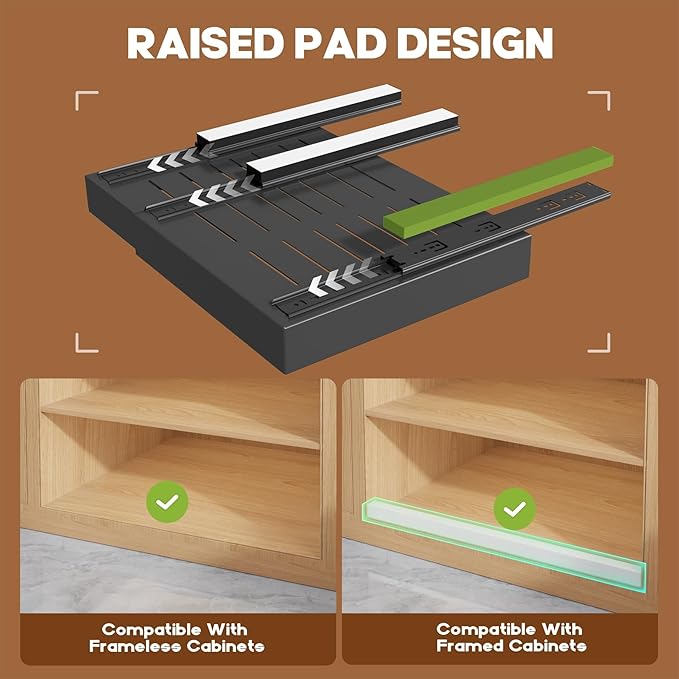 Seinloes 4 Pack Expandable (15.1"-26.3") Pull Out Cabinet Organizer 21" Deep With Raising Pad for Framed Cabinets,Upgrade 3 Slide Rails Slide Out Drawers,No Drill Roll Out Shelves Adhesive,Black