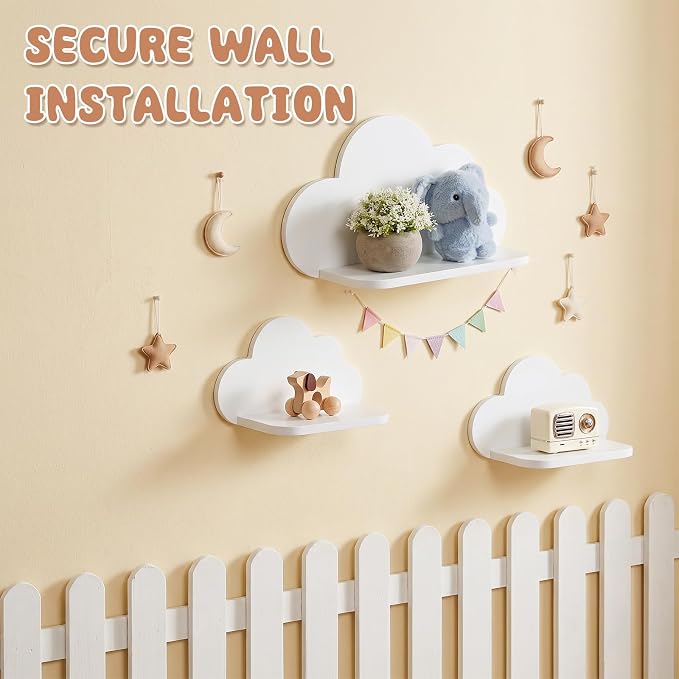Floating Cloud Shelves,Set of 3 Wall Mounted White Wavy Shelves | White Wall Shelf Floating Wooden Wall Mounted Shelves Clouds Dispaly Shelf for Kid’s Room,Toys, Plants & Storage