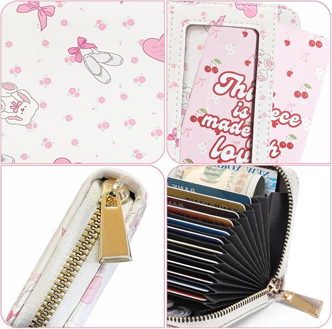 Sunwel Fashion Credit Card Holder for Women Small Accordion Carrd Cases with ID Window (BALLET BUNNY)