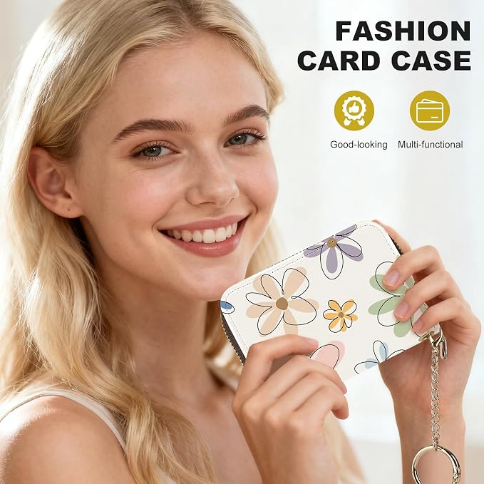 Credit Card Holder for Women,Small Rfid Wallet with Keychain Zipper,Cute PU Leather Card Case Wallet，Accordion Credit Card Wallets Gift,Colorful Line Flowers