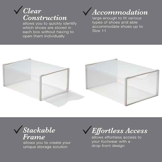 Simplify Set of 12 Stackable Shoe Boxes | Customizable | Fits Size 11 Shoes | Drop Front Design | Closet Storage | Sneakers | Heels | Clear and White