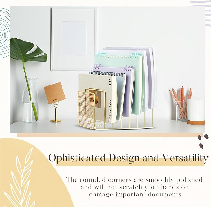 2 Pcs 7 Section Wire File Organizer for Desk, Metal Mesh Incline File Holder, Letter & Magazine Folder Rack, Desktop Paper Sorter for Home Office Back to School (Golden)