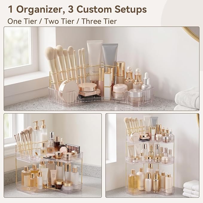 3-Tier Corner Bathroom Counter Organizer with Makeup Brush Holder, Clear | Large Makeup Organizers for Vanity, Corner Bathroom Countertop Organizer for Cosmetic Perfume Skincare Storage