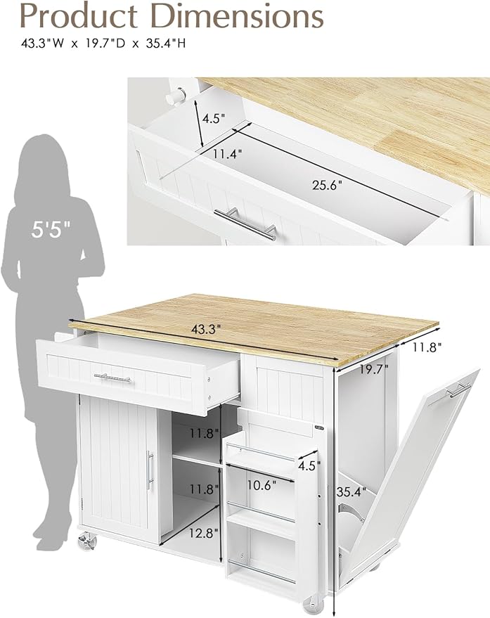 OtterOasis Kitchen Island with Storage, 43.3" Rolling Kitchen Island Cart on Wheels with Wide Drop Leaf Rubberwood Top, Large Mobile Island Table with Trash Can Storage and Towel Bar, White