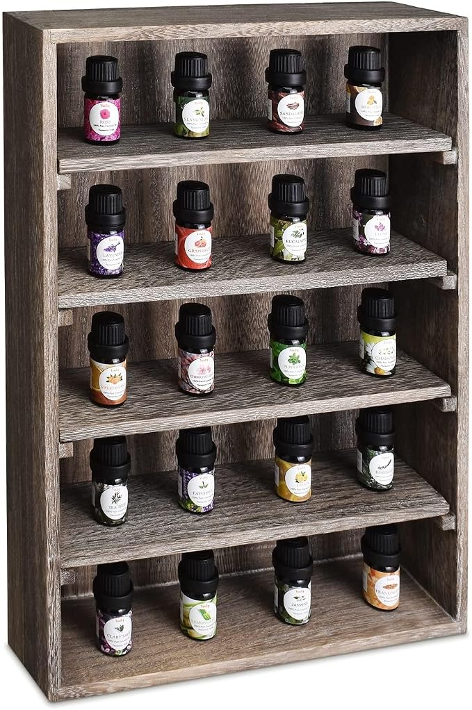 Ikee Design Wooden Wall-Mounted Display Shelves Rack for Collectibles-Figures,Shot Glasses,Spice Can,Cosmetics or Perfume-5 Adjustable Height Shelves,Space-Saving,Coffee Color
