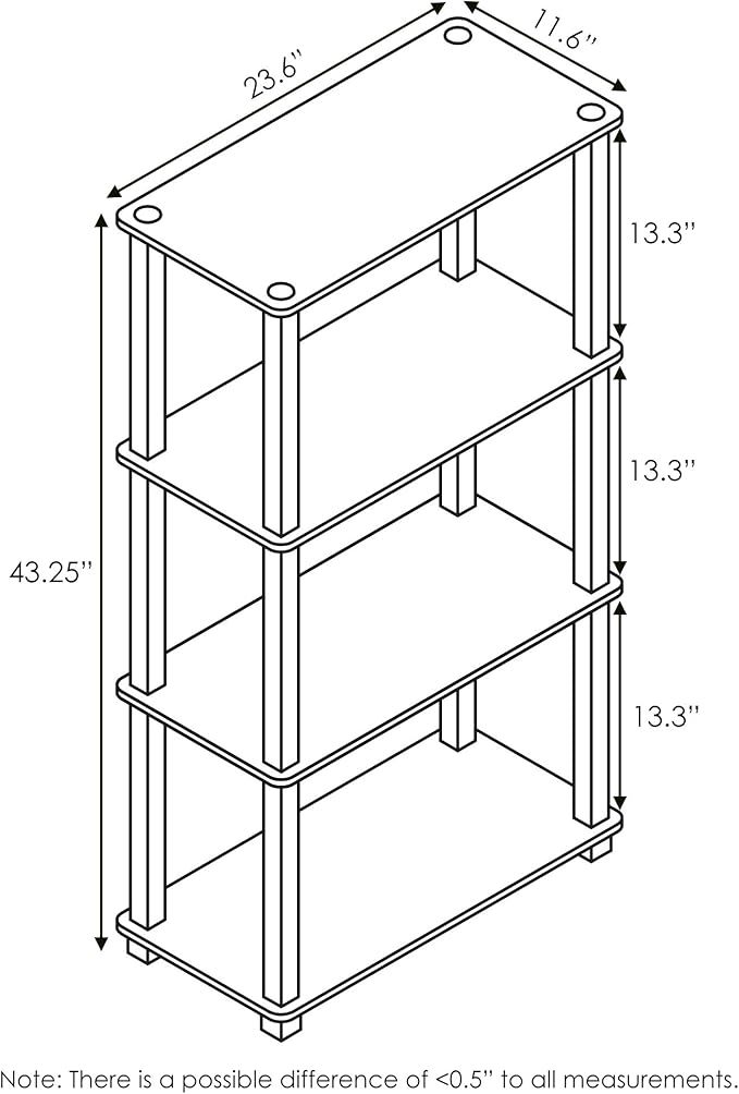 Furinno TURN-S-TUBE Storage Shelves, 4-Tier Book Shelf, Corner Shelf, Toolless Open Shelves, for Organization and Storage, Living Room, Garage, Home Office, Black