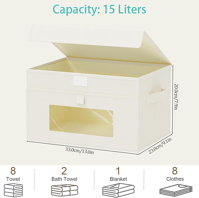 Storage Bins with Lids, Cube Organizer Basket with Window, Closet Boxes with Carrying 2 Handles and Sturdy PP Support Plate, 2 Pack, Beige, 13 x 9 x 7.9 In, XSNY17BEM-2