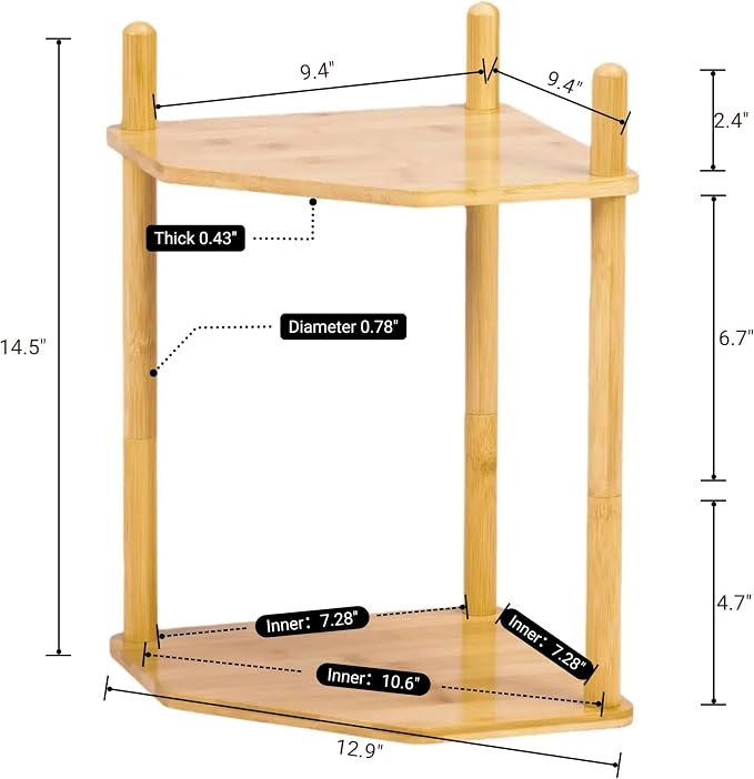 3-Tier Expandable Bamboo Corner Shelf - Dish/Plate Organizer for Cabinet, Kitchen Counter Shelf & Small Kitchen Shelf, Adjustable (11.4" H-Natural, 2-Tier)