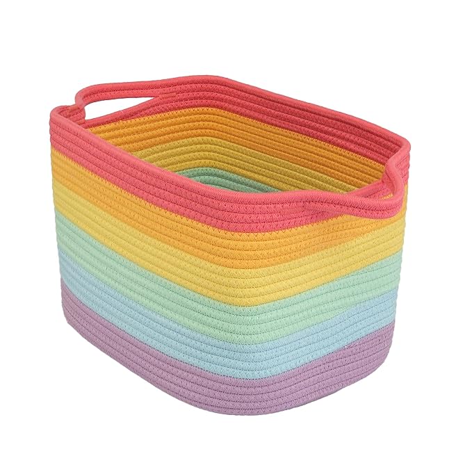 XUANGUO Woven Cotton Rope Storage Basket with Handles 13x10x9 inch Rainbow | Woven cotton rope basket for shelves and closets. Perfect for toys, books, clothes, nursery storage and gift baskets