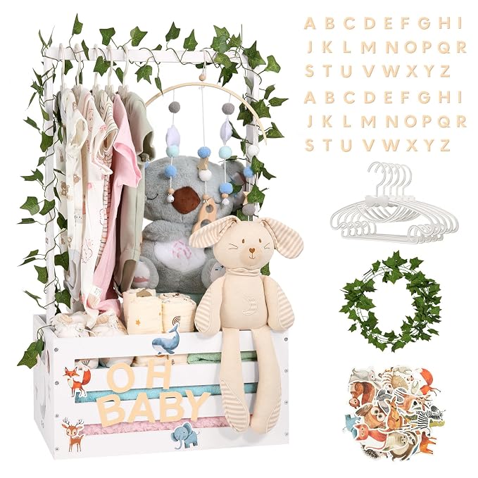 Large Baby Shower Gifts Basket Wooden Crate, Personalized Wooden Letters Hangers New Born Baby Girl Boy Pregnancy Gifts for New Mom Parents Vine Decorations Cute Closet with Adjustable Handle White