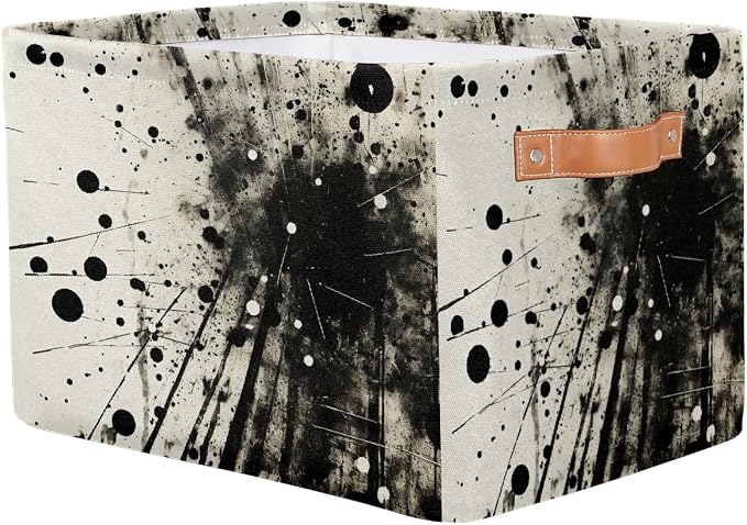 Rectangular Storage Baskets Abstract Black And White Ink Splatter Fabric Storage Bin Toy Organizer Box with PU Leather Handles for Room Decor