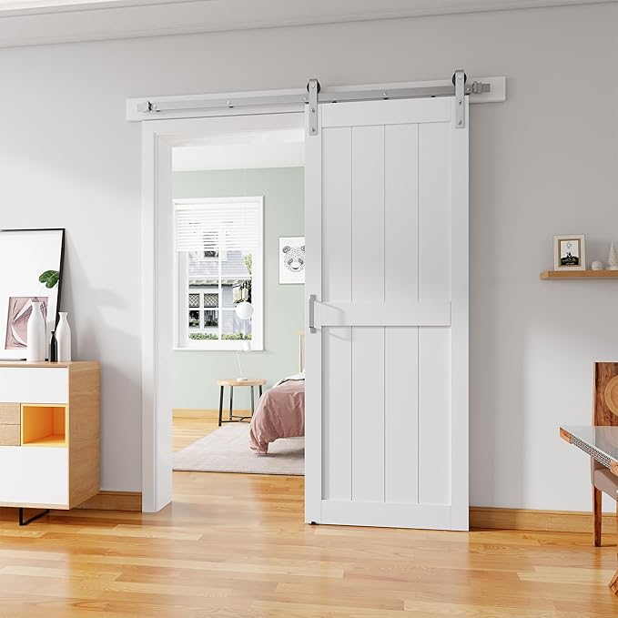 32''x84'' Sliding Barn Door with 6 Ft Brushed Nickel Hardware Kit | Pre-Drilled Holes Easy Assembly - Include Installation Manual, Water-Proof PVC Surface, H-Frame, White
