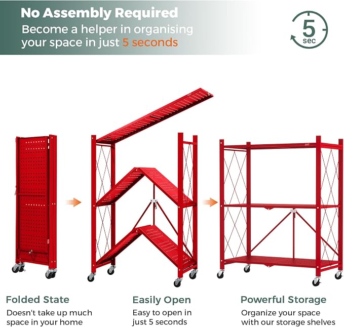 DEANIC 3 Tier Foldable Storage Shelves with Wheels, Kitchen Appliance Stand, Freestanding Metal Wire Shelf Rack, No Assembly Organizer Rolling Cart for Garage, Basement, Pantry(Red Pack of 2)