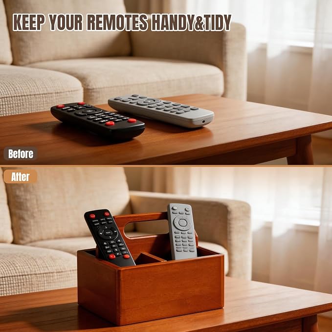DAWASAPAT Acacia Wood Remote Control Holder with Handle, Desk Organizer with 3 Compartments, Wood TV Stand Decor, Easy Storage TV Remote Holder for Living Room, Bedside Caddy, Office Supplies