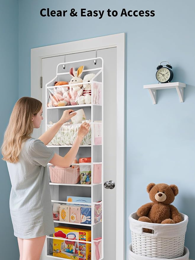 JARLINK Over The Door Toy Storage Organizer w/Clear Window, Light Grey | Anti-Tilt 44 lb Load Capacity, Baby Toy Storage Organizer for Stuffed Animals, Nursery, Kid Bedroom, Newborn Baby Essentials