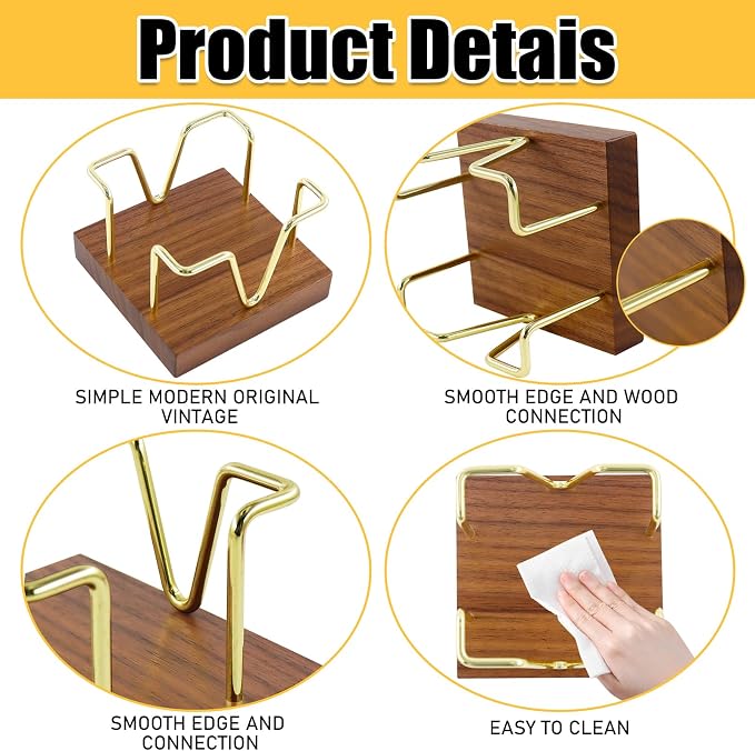 Buqoo Walnut Wood and Gold Metal Sticky Note Holder | Walnut Wood and Gold Metal Wire Self Stick Note Pad Holder Dispenser for School Home Office Desk Accessories Supplies