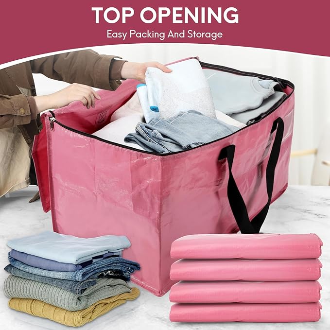 6-Pack Extra-Large Heavy-Duty Storage Totes with Reinforced Handles, Durable Zippers & Waterproof Material — Perfect for Space-Saving, Moving, Shipping and Travel (Pink)