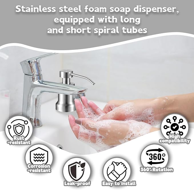 HAIOLORPRO Foaming Soap Dispenser for Kitchen Sink, Kitchen Bathroom Soap Dispenser Pump, Stainless Steel Foam Soap Dispenser with Two Spiral Tubes and 21oz Under Counter Plastic Bottle
