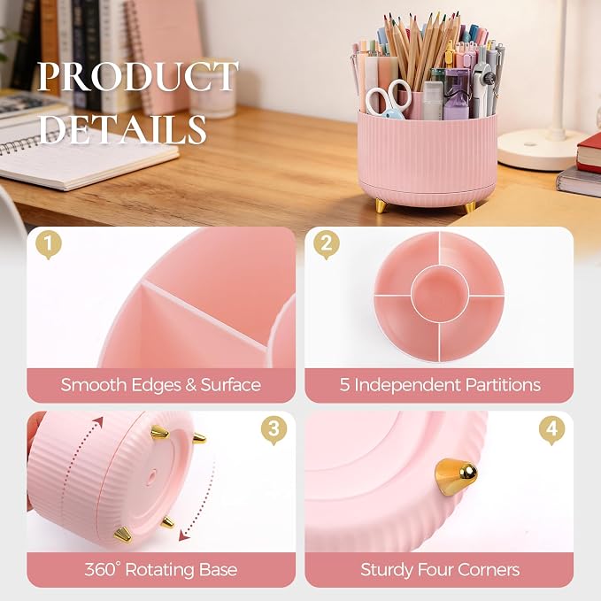 KONVINIT Pencil Pen Holder for Desk, 5 Slots 360 - Degree Rotating Desktop Organizer, Cute Desk Organizers and Accessories for School, Home, Office and Art Supply, Pink