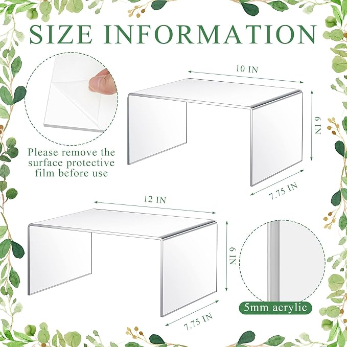 RattanView 2 Pcs 10 Inch, 12 Inch Large Acrylic Risers Display Stands 5 mm Thick Acrylic Shelf Riser Showcase for Collectibles Jewelry Cupcakes Food Figures Perfume Cabinet (Clear)