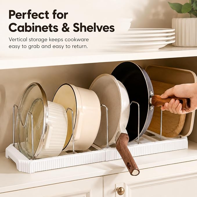 Pots and Pans Organizer Under Cabinet, Adjustable Pot and Pan Organizer Rack, 7 Stainless Steel Dividers, Pot Lid Organizer for Cabinet, Expandable Pan Organizer for Pots, Pans, Lids, Plates White